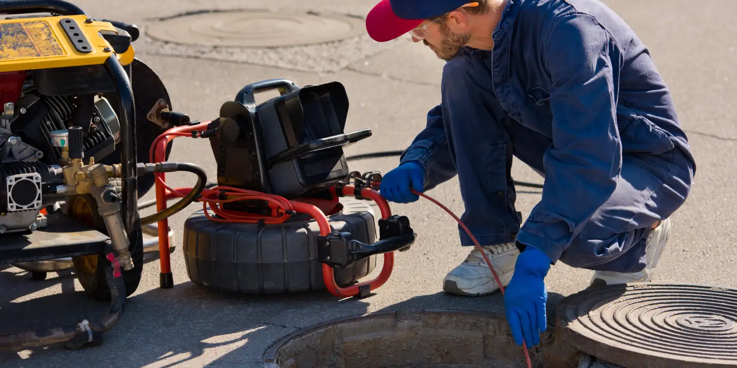 Tropical Coast Plumbing employee inspecting a clogged toilet using a camera.