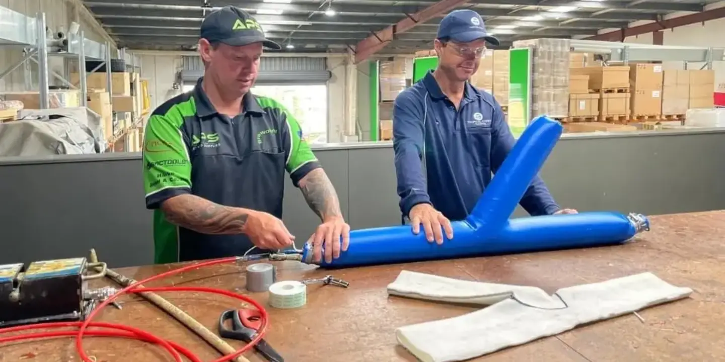 Technicians preparing a blue pipe liner in a workshop, demonstrating trenchless pipe relining technology for repairing damaged drains without excavation.