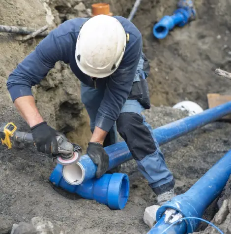 A newly installed PVC pipe laid in a trench during a residential pipe repair project.