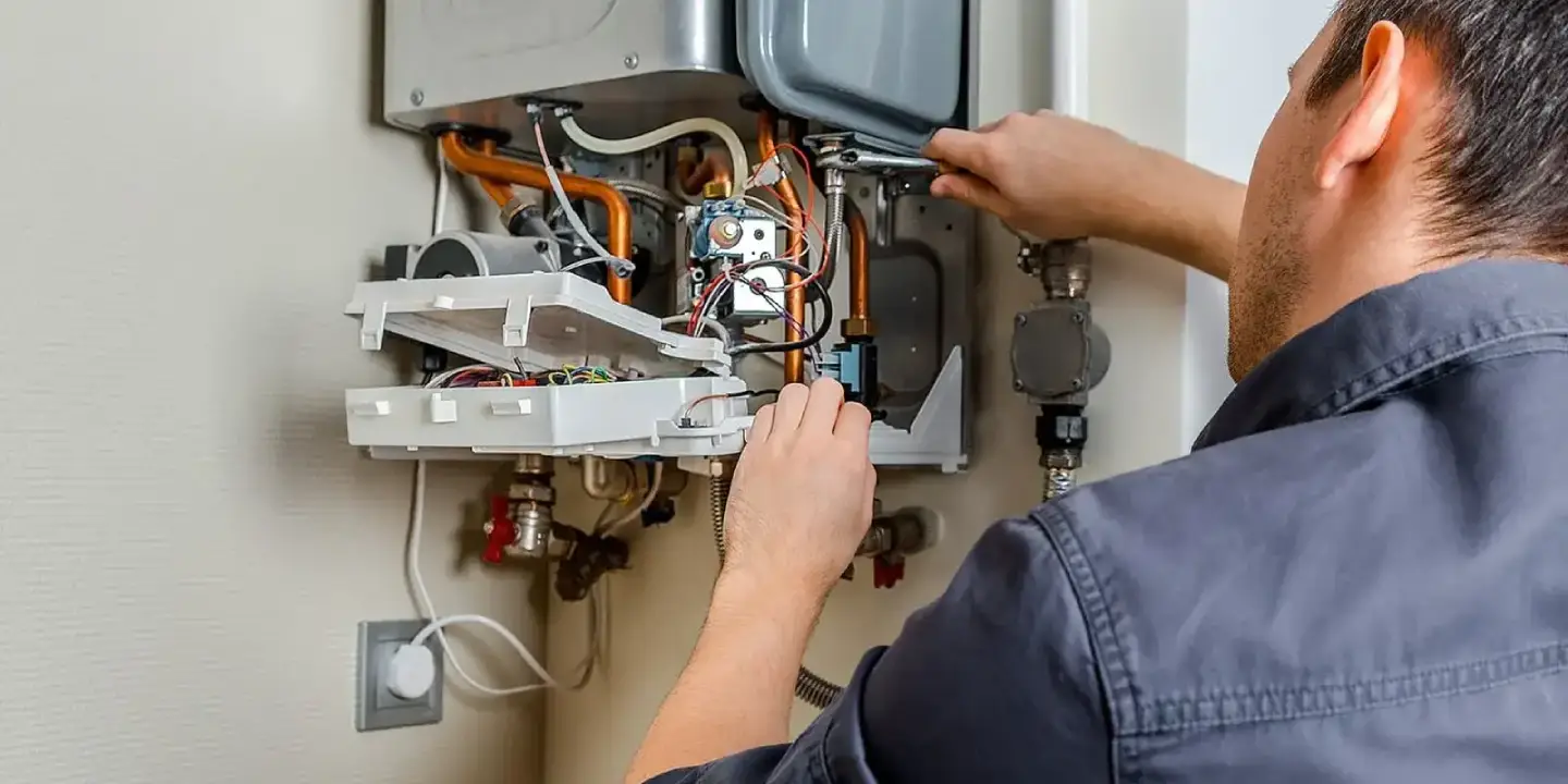 Professional gas fitting in Townsville with a licensed plumber repairing and maintaining a gas hot water system for residential use.