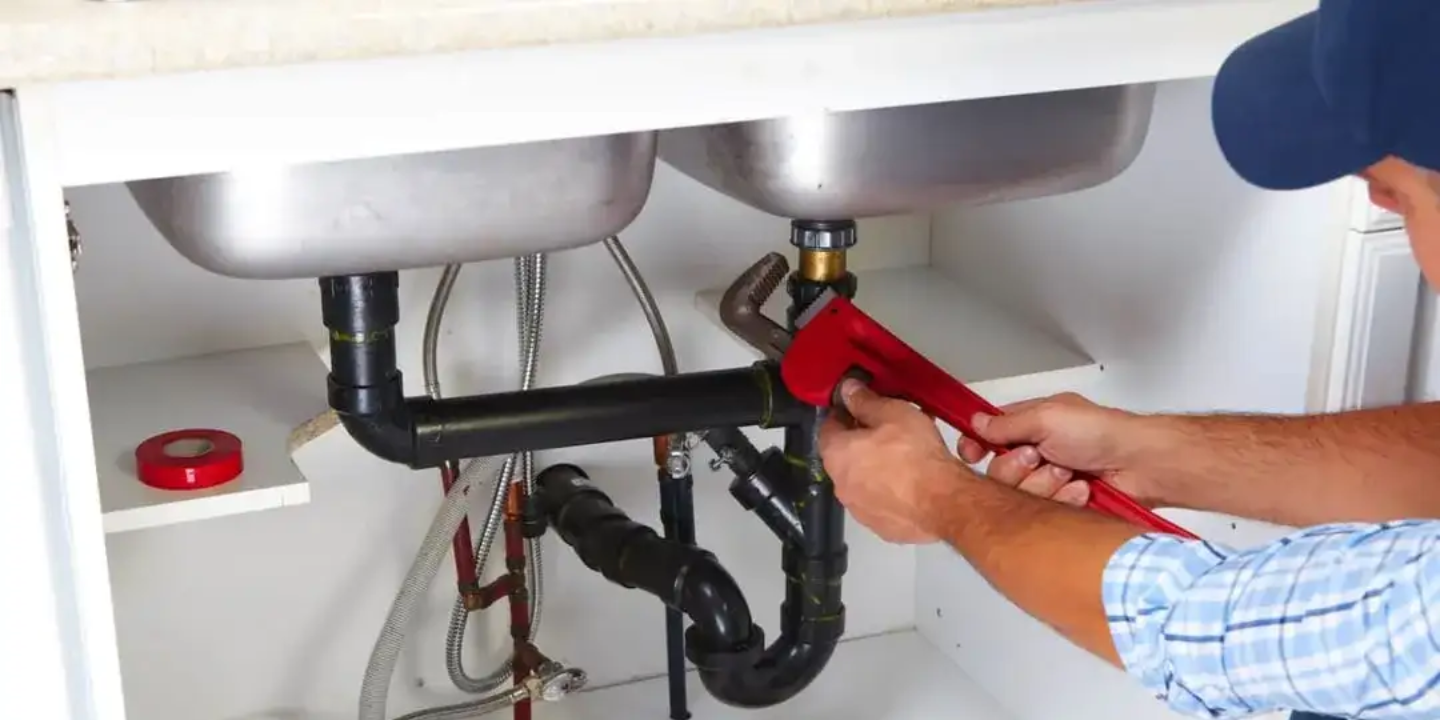 Plumber in Townsville performing pipe repairs under a kitchen sink, fixing leaks quickly to restore water flow and prevent damage.
