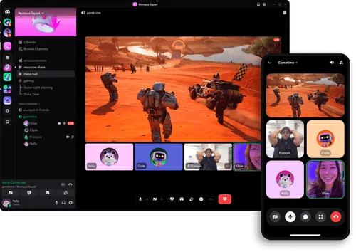 Screenshot of Discord on Desktop and mobile, showing friends playing a game together while staying connected through voice and video chat. A player is streaming their game to their friends, with the players' characters running across a desert landscape. The video feeds show them laughing and chatting - capturing that feeling of hanging out in the same room even when playing online.