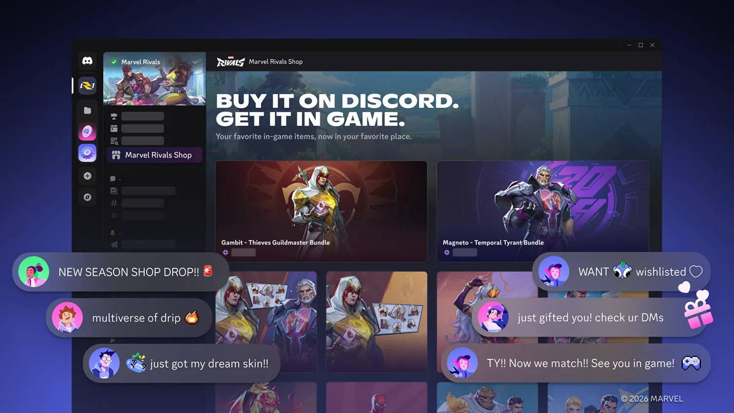 Chat messages from different users overlaid on top of Marvel Rivals Shop to show excitement over gifting. 