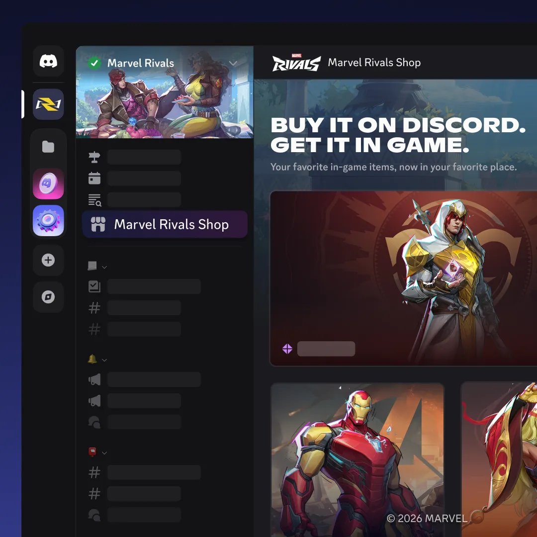 Marvel Rivals Shop shown as sidebar menu option in Discord. 