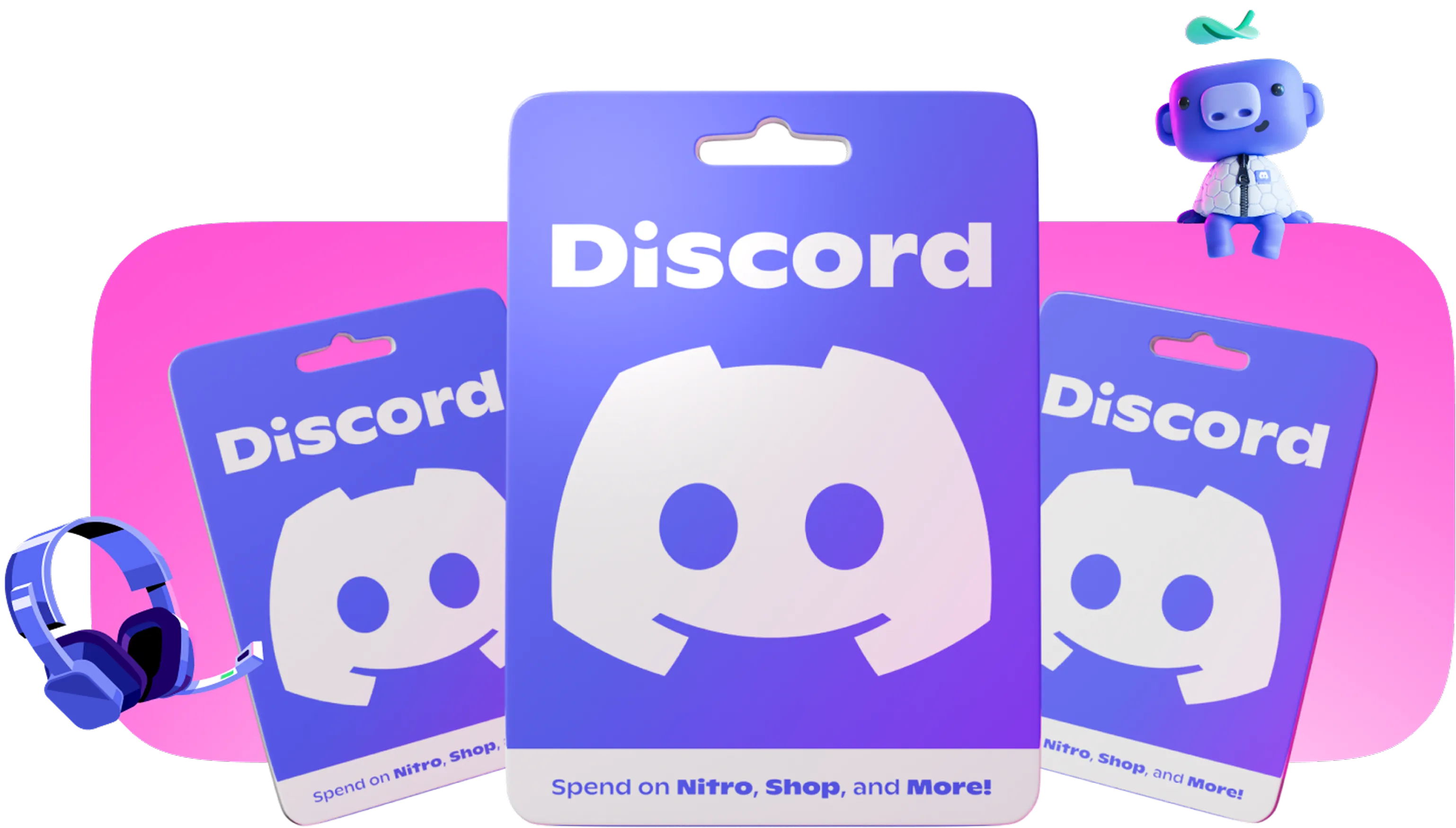 Three Discord gift cards side by side. Bottom of gift card says "Spend on Nitro, Shop, and More!"