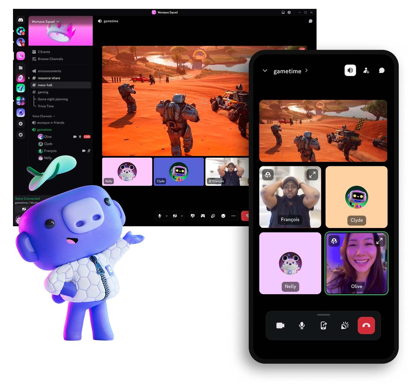 Screenshot of Discord on Desktop and mobile, showing friends playing a game together while staying connected through voice and video chat. A player is streaming their game to their friends, with the players' characters running across a desert landscape. The video feeds show them laughing and chatting - capturing that feeling of hanging out in the same room even when playing online.