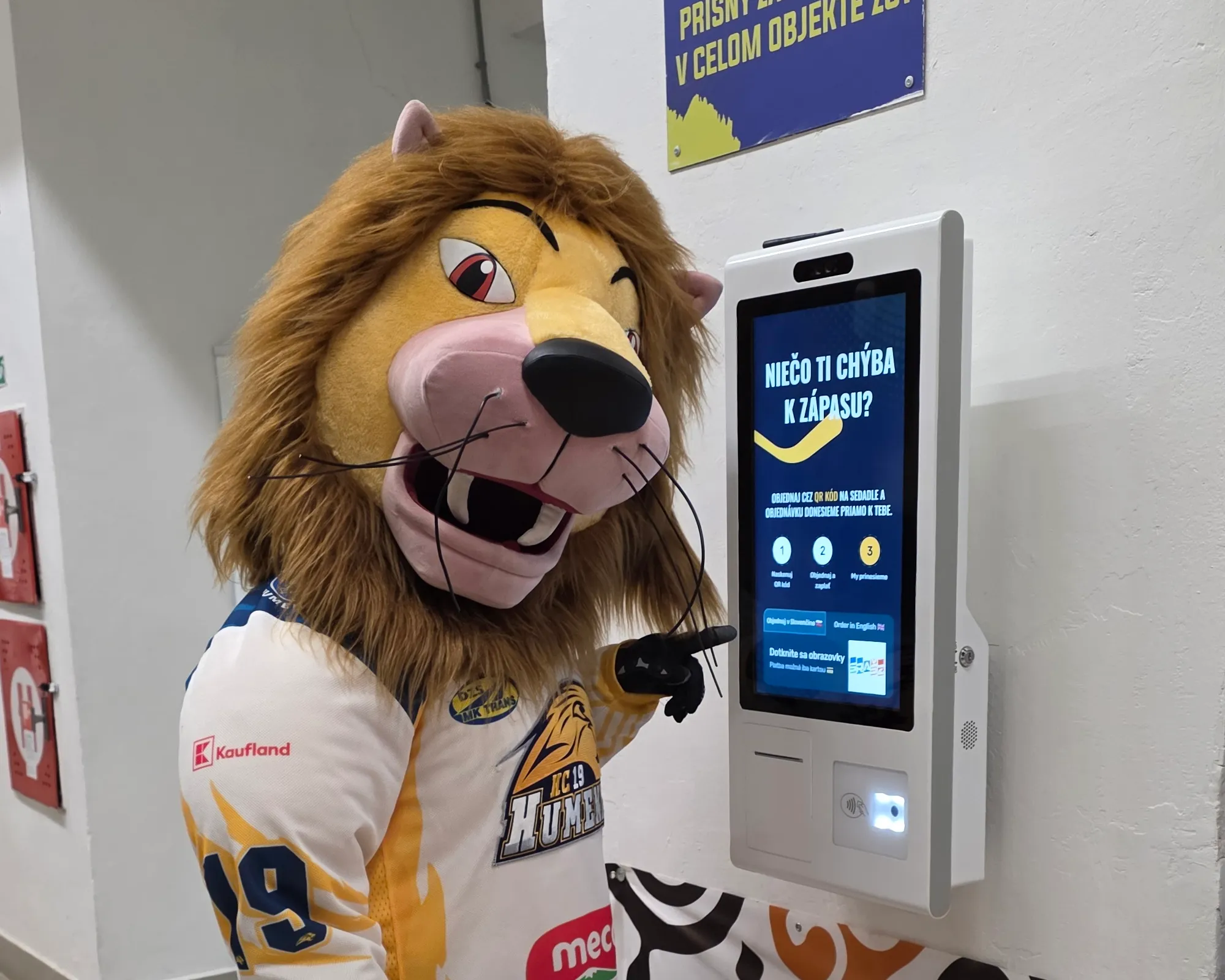 HC Humenné mascot ordering at an Eatster self-service kiosk in the arena