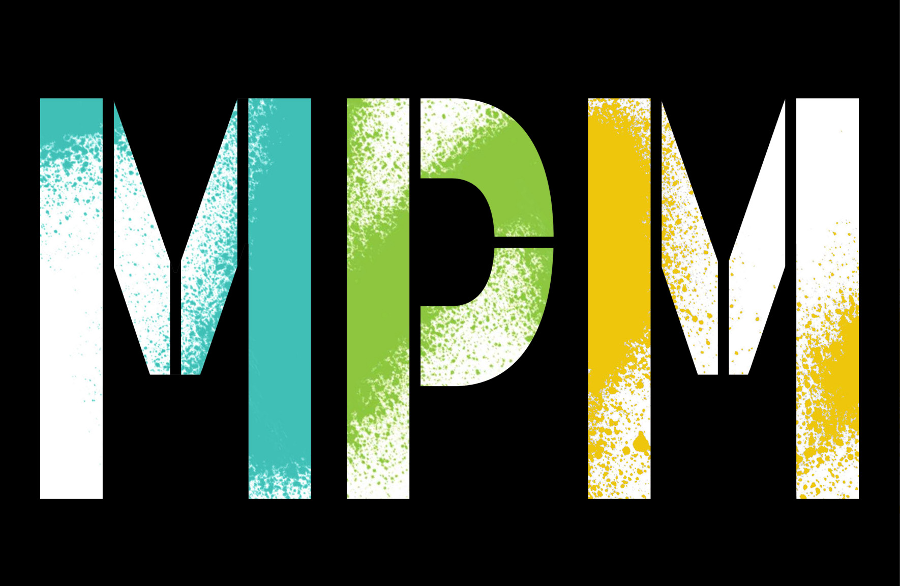 Digital image of the die cut letters shown on the front of the packaging designs. The letters "MPM" reveal the spray paint mark making that is placed inside the packaging. Behind each letter, the section of spray paint shown is a different colour: Blue on the left, green in the middle, and orange-yellow on the right. The background is black, just like the facing of the package design.