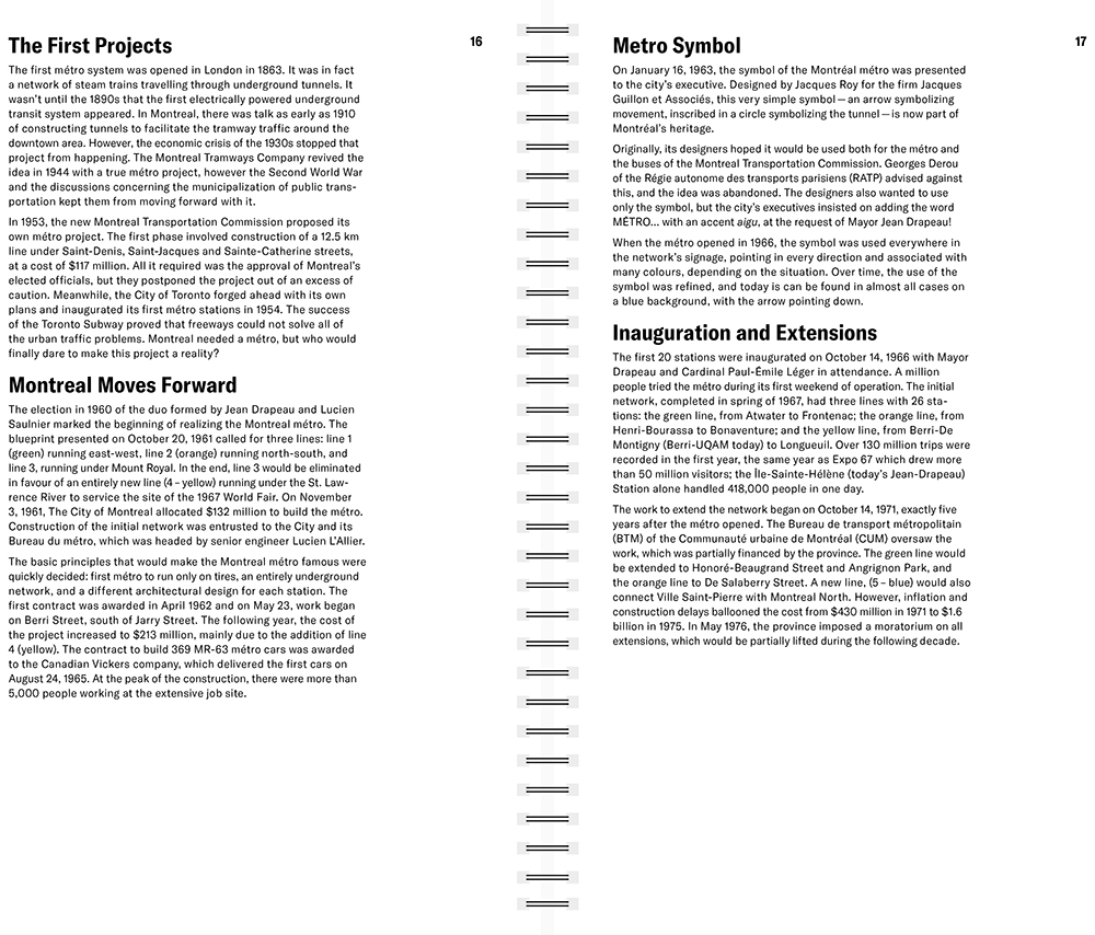 Digital image of a spread taken from the book design, shown on a black background. Showing left page with one image of the inside of a metro and the right another picture from a metro station.
