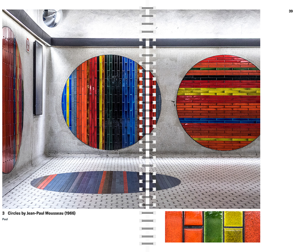 Digital image of a spread taken from the book design, shown on a black background. Showing an example of a spread with text about previously highlighted work. The left spread shows the colour of the line the artworks can be found on and the right contains all the text.