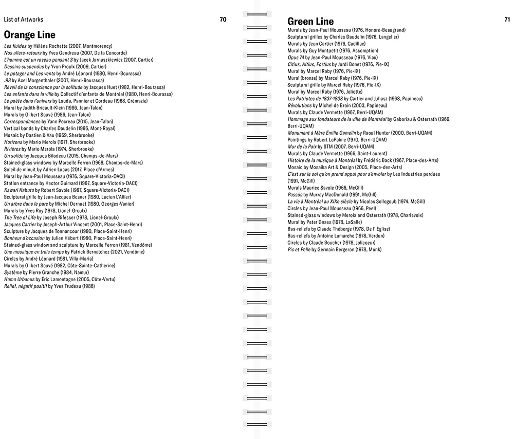 Digital image of a spread taken from the book design, shown on a black background. Showing an example of a spread devoted to a long list of all the artworks in the metro, with text on both the left and right pages.
