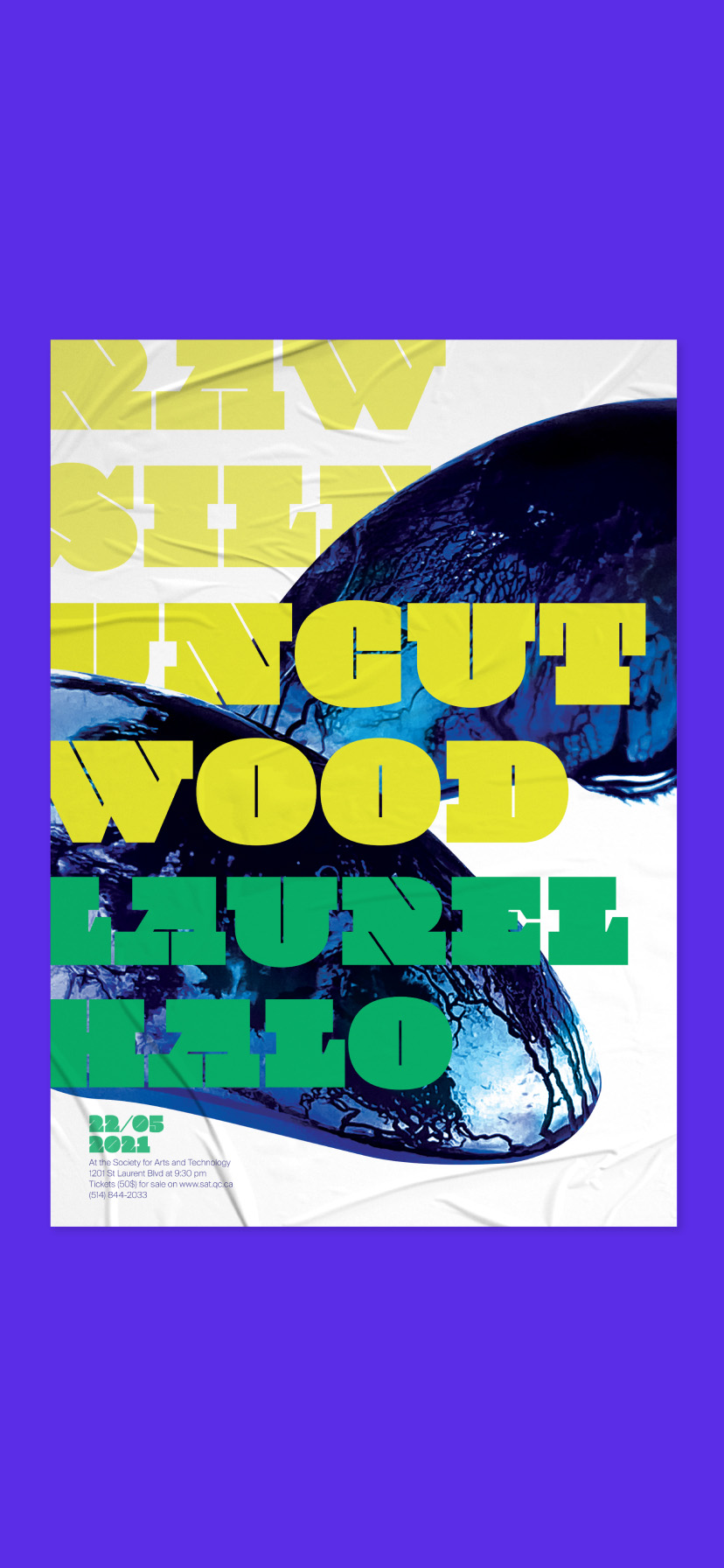 Digital mockup of finalized concert poster shown on a purple background along with a glued/slightly wrinkled texture to give the illusion that the poster is glued to a wall.  