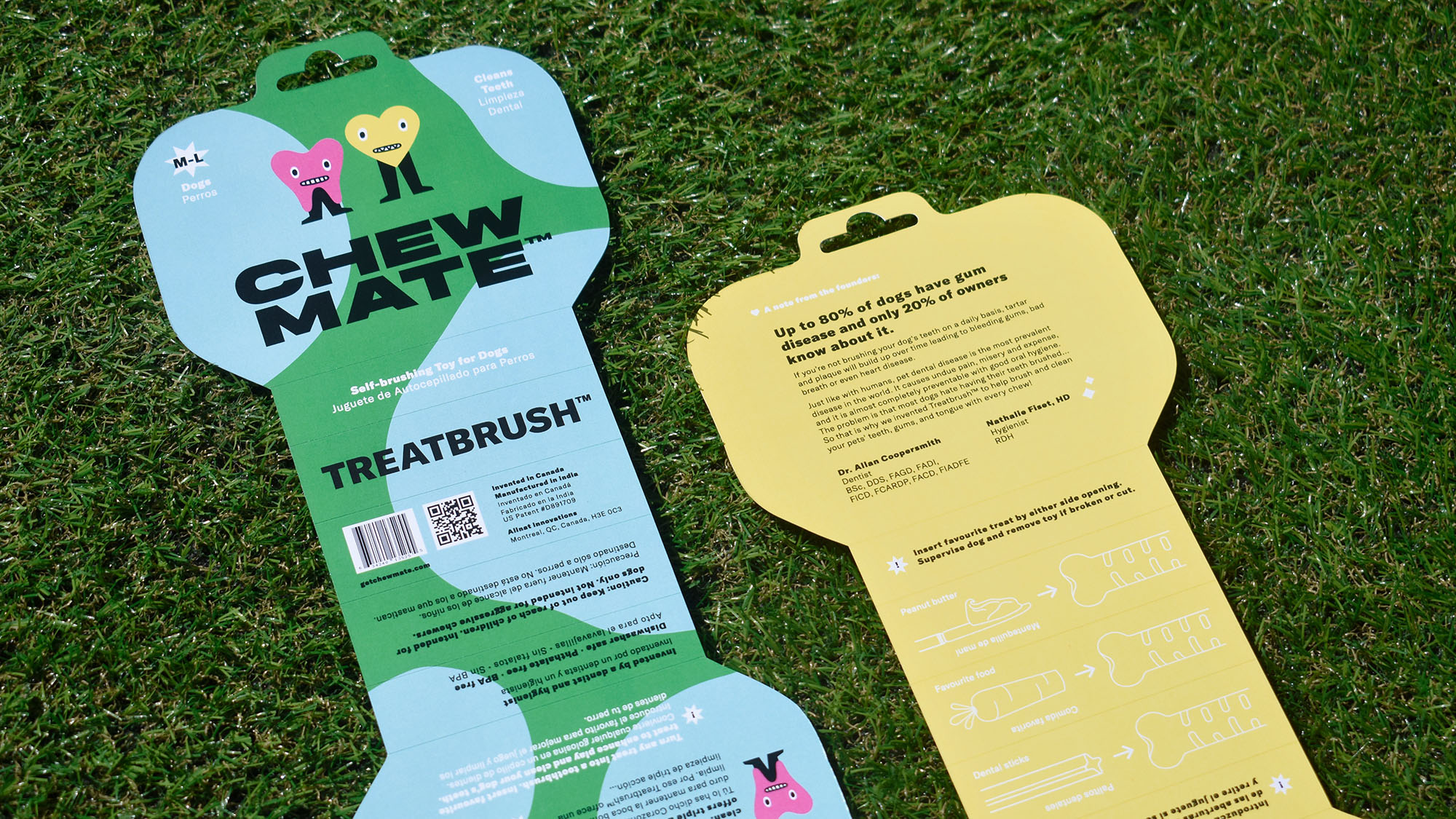 Photograph of inside and outside of the Treatbrush™ packaging placed side by side on synthetic grass