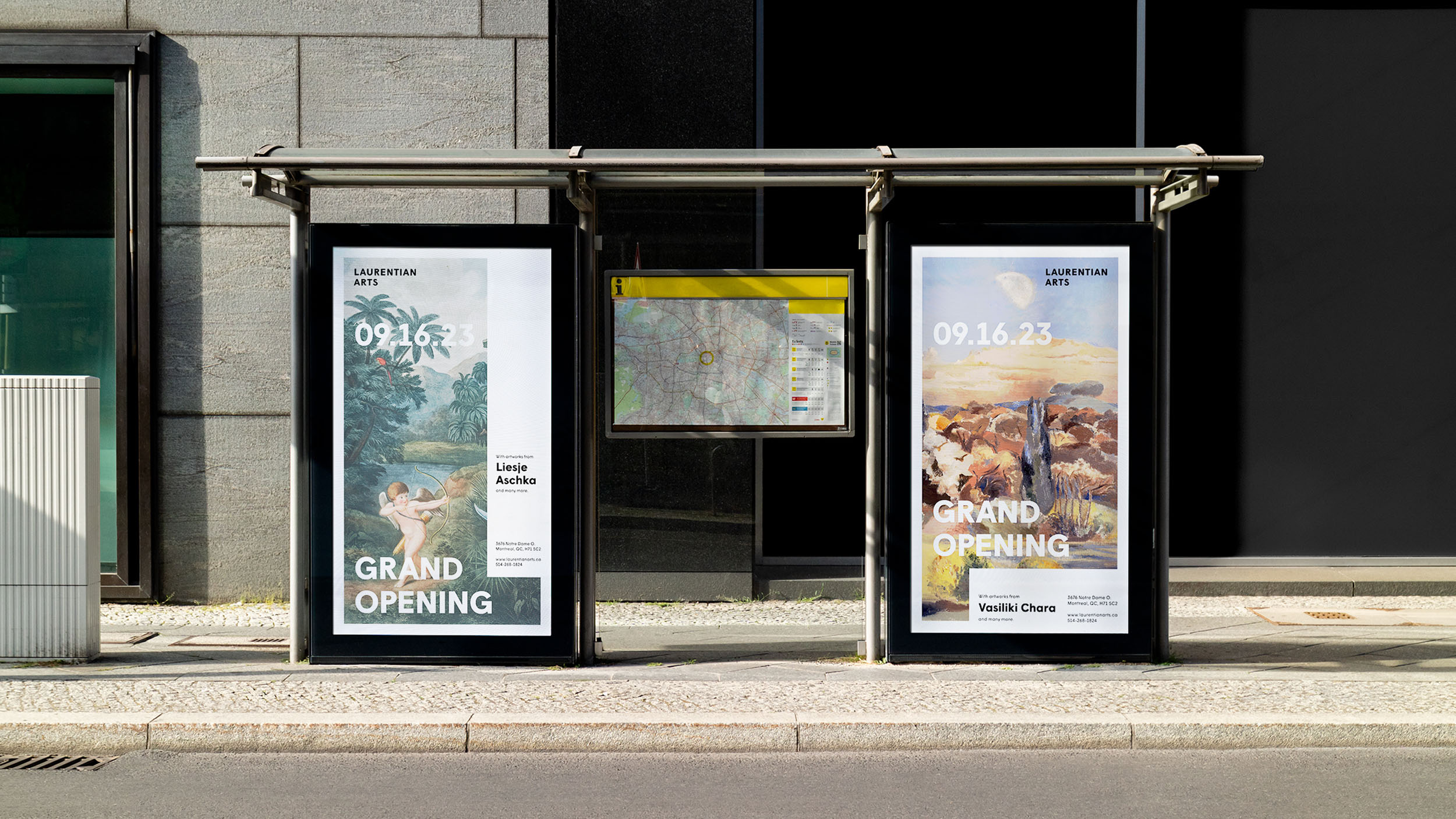 Mockup of two posters promoting the opening of the art gallery at a bus stop shelter.