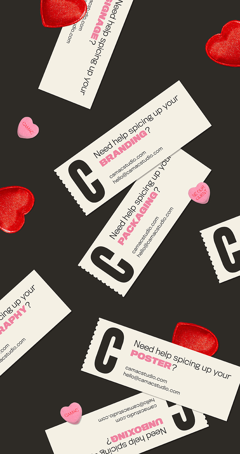 Digital mockup of poster takeaway with decorative hearts.