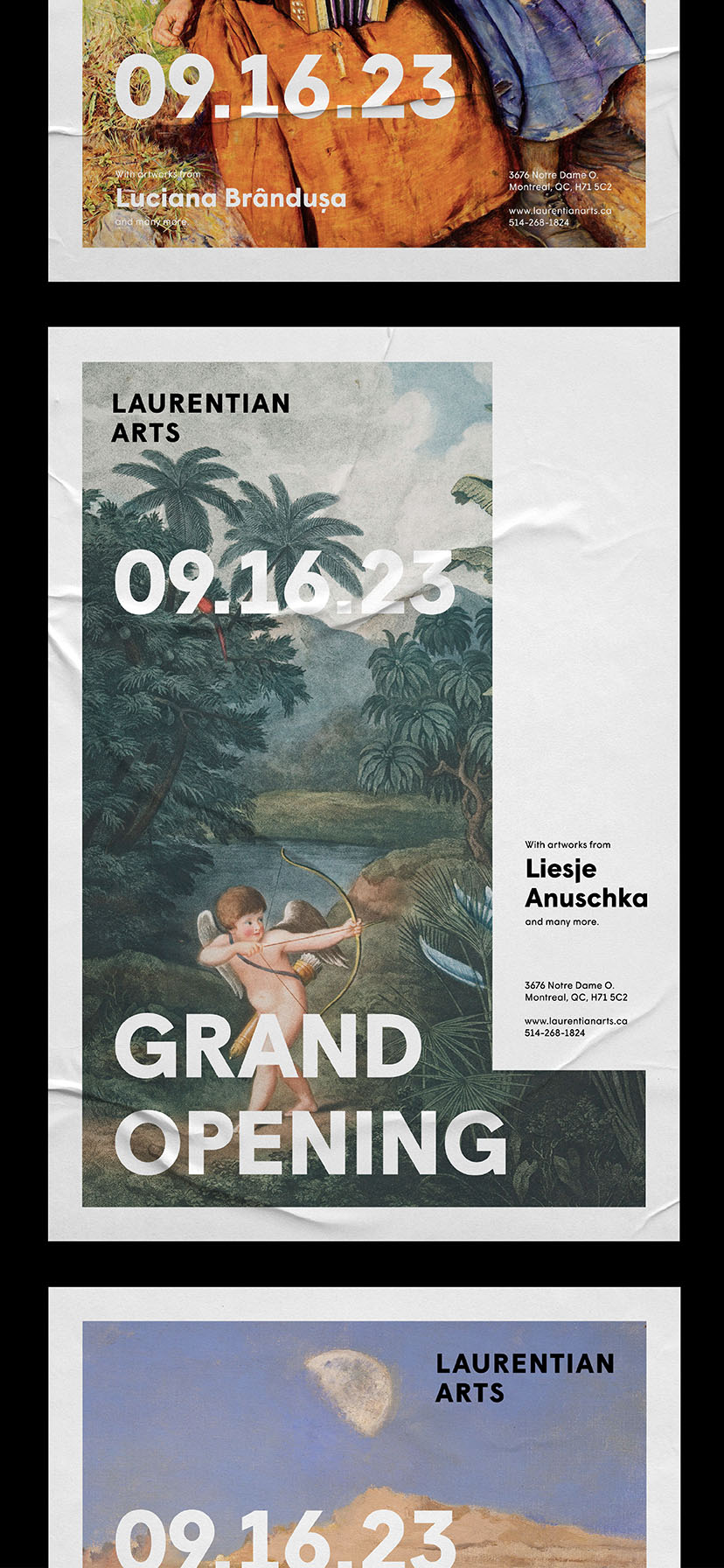 Series of 3 posters announcing the grand opening of the art gallery. Posters are placed flat on a black background, side by side.