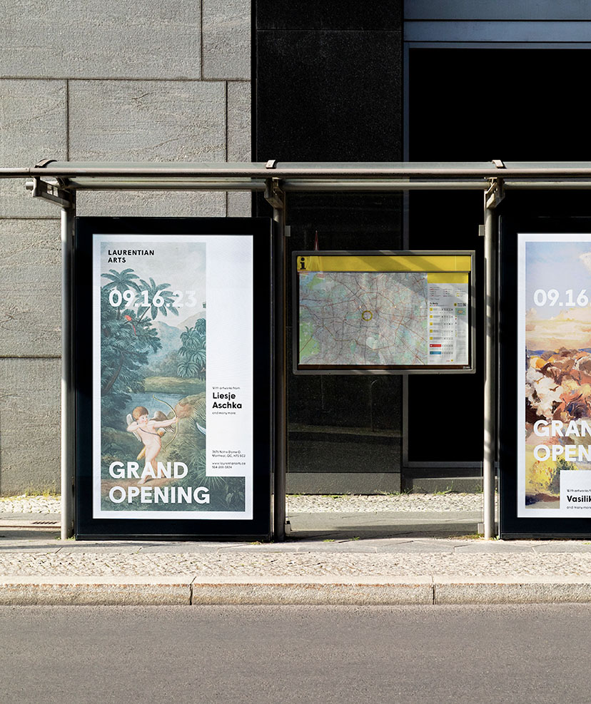 Mockup of two posters promoting the opening of the art gallery at a bus stop shelter.
