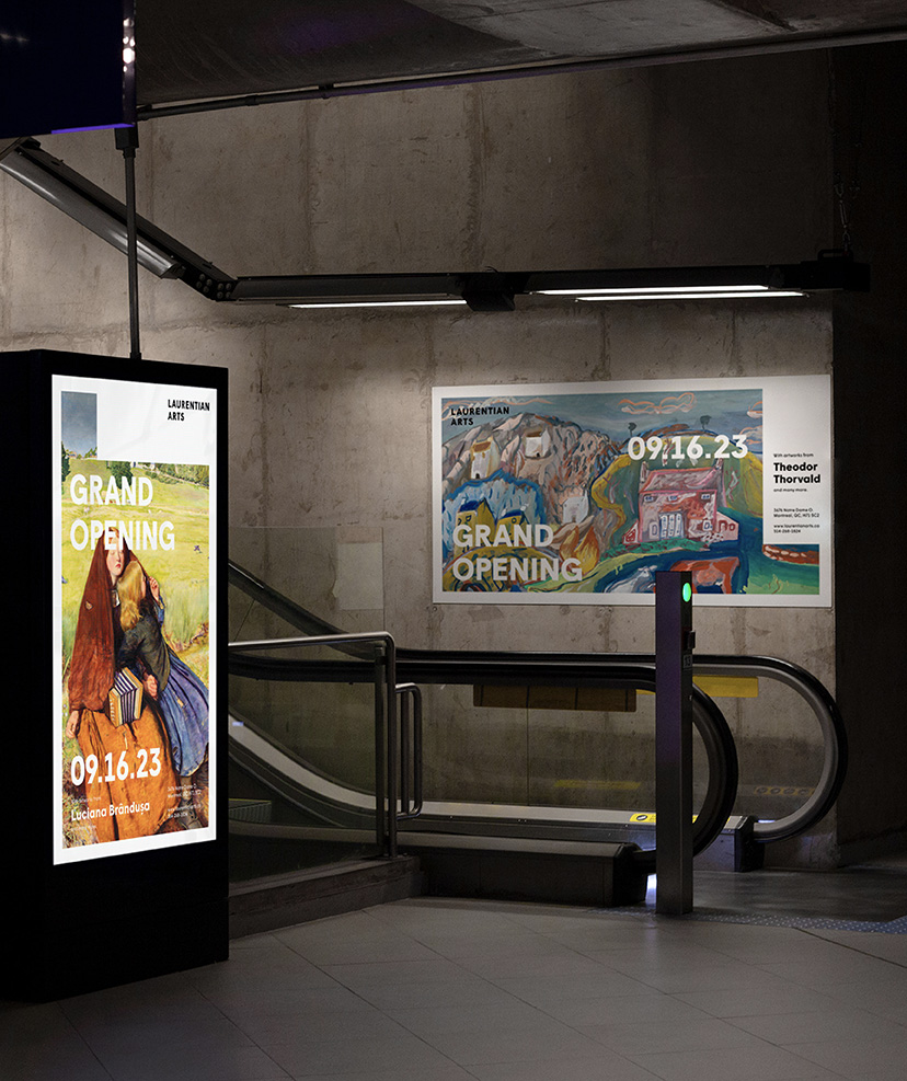 Mockup of a vertical and horizontal poster promoting the opening of the art gallery. Posters are displayed in a metro.