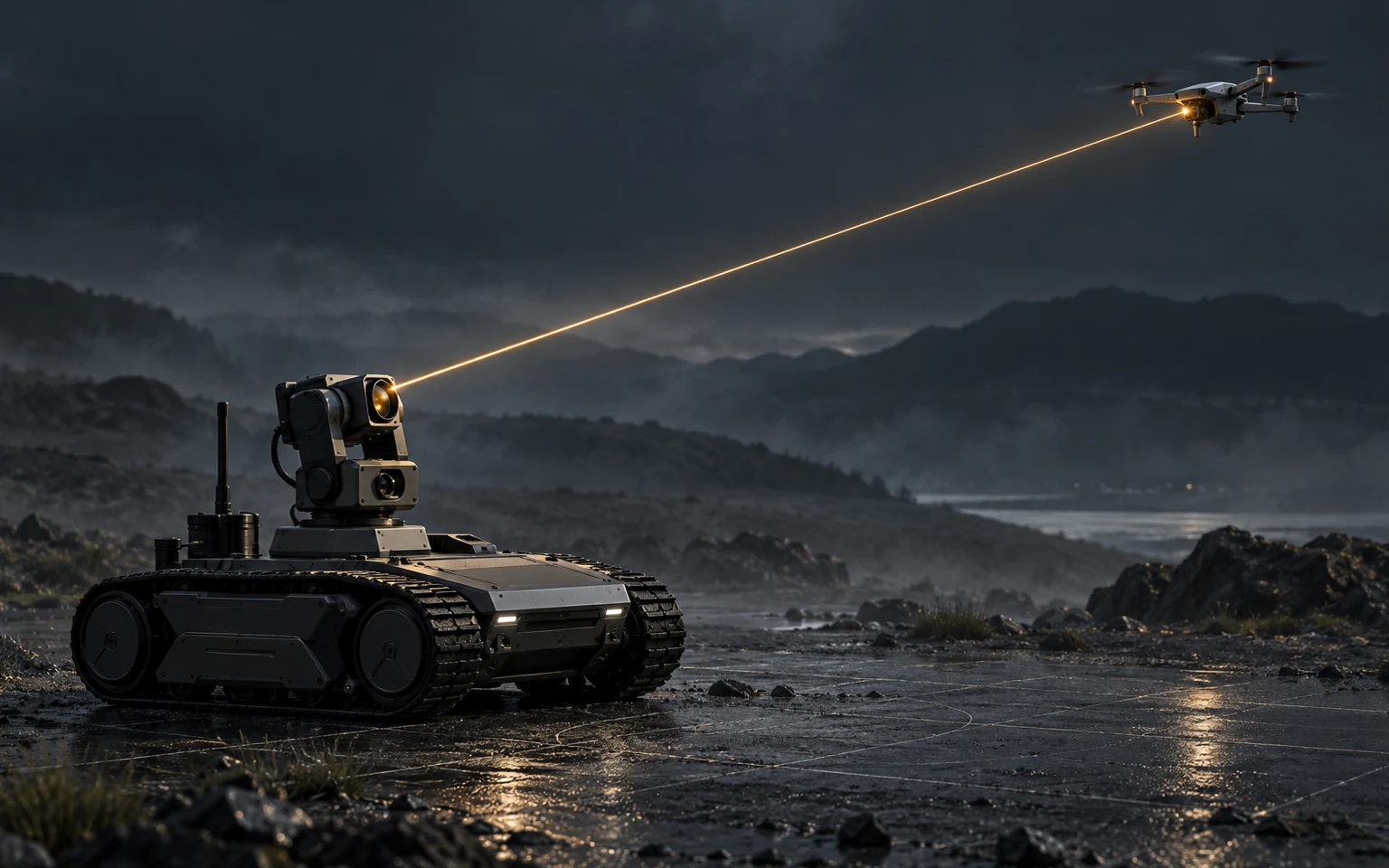 Concept illustration of a tracked ground robot directing laser energy toward a quadcopter above it