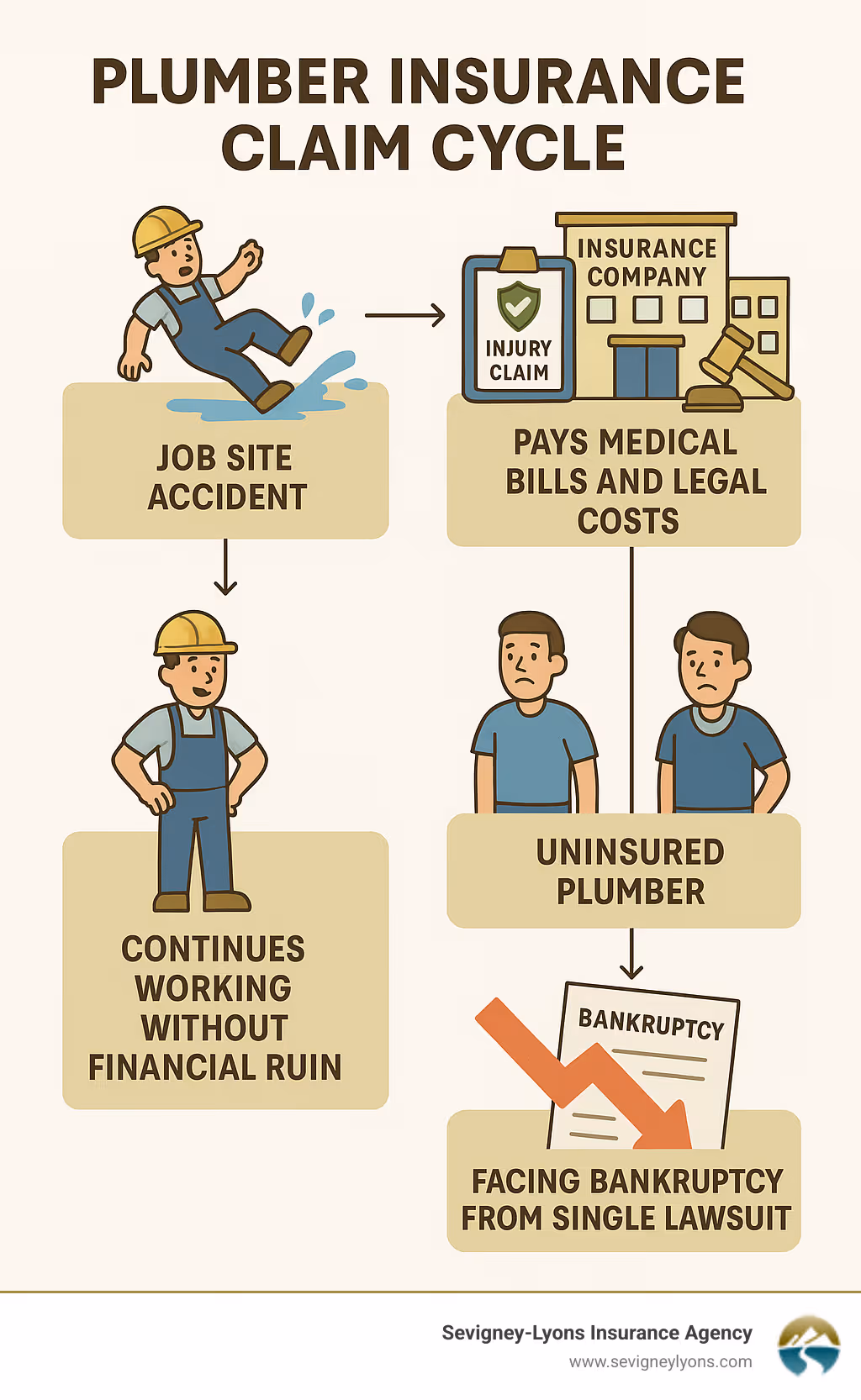Detailed infographic showing the plumber insurance claim cycle: job site accident leads to injury claim, insurance company investigates and pays medical bills and legal costs, plumber continues working without financial ruin, versus uninsured plumber facing bankruptcy from single lawsuit - do i need plumber insurance infographic 