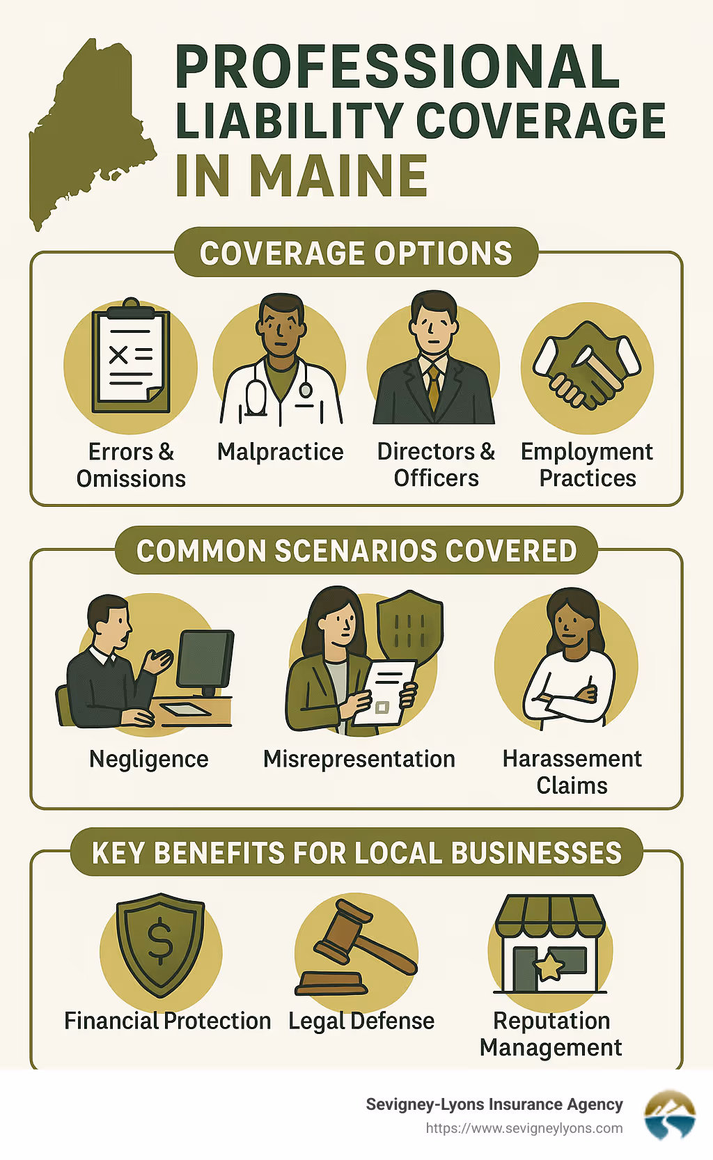 Detailed infographic outlining different types of professional liability coverage options in Maine, common scenarios covered, and key benefits for local businesses. - professional liability insurance maine infographic 