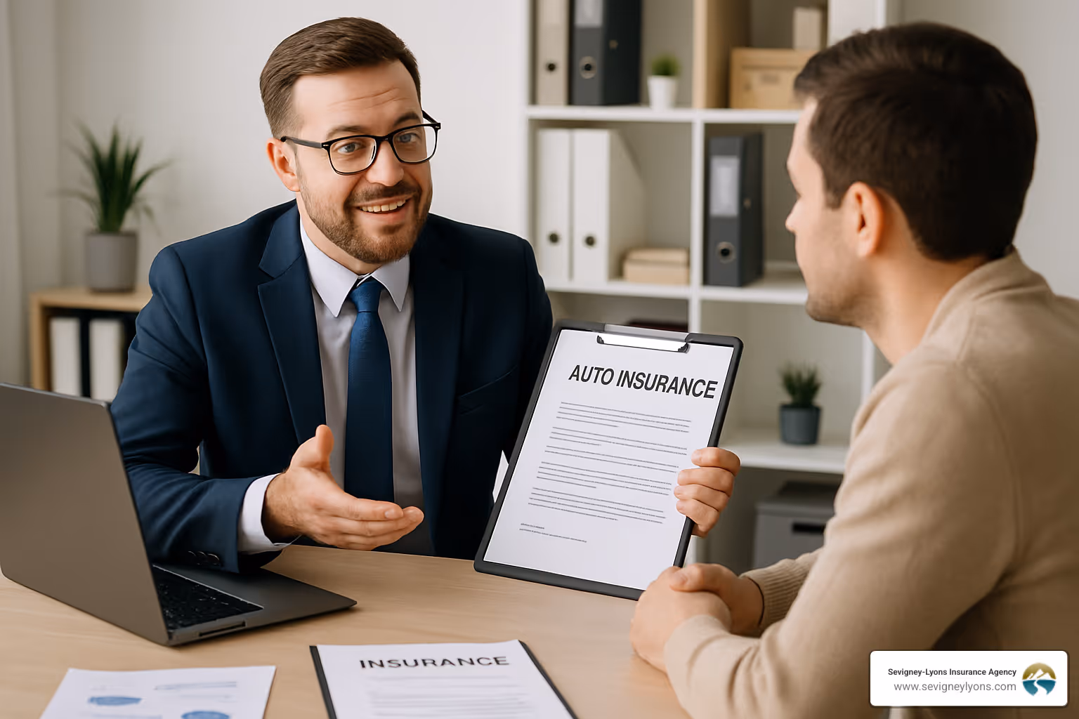 Insurance agent consulting with client - auto insurance for high risk drivers