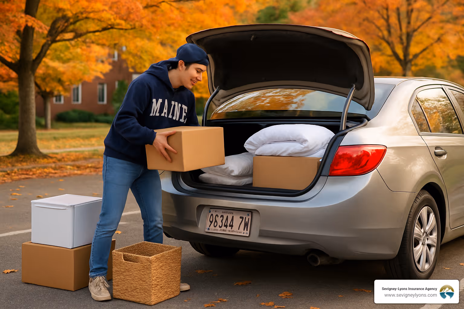 Maine student loading dorm items into car - auto insurance for young drivers Maine student loading dorm items into car - auto insurance for young drivers