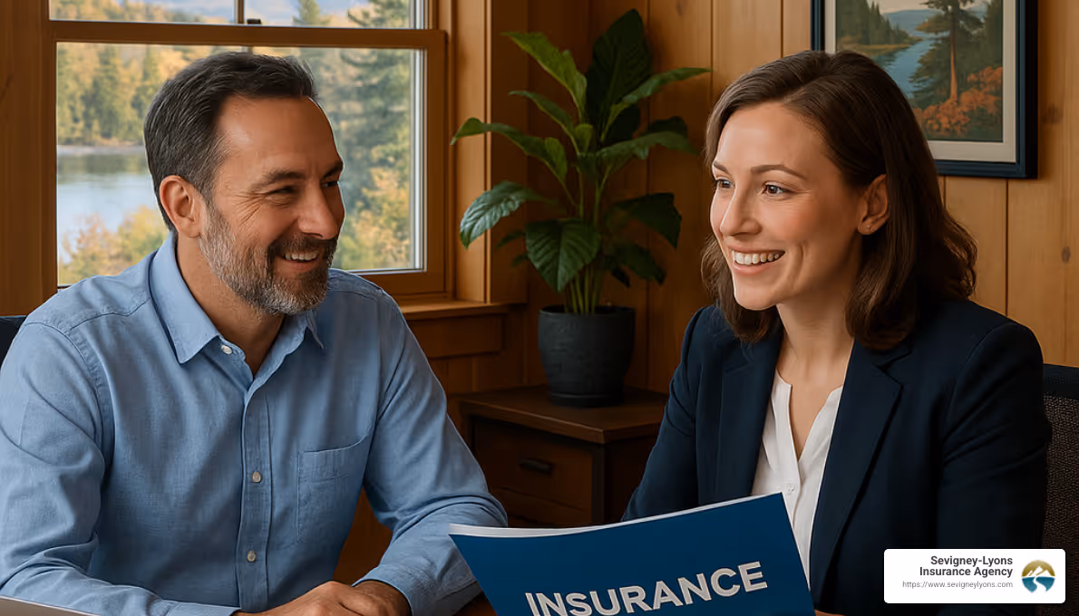 Business owner meeting with insurance agent in Maine office - buy business insurance