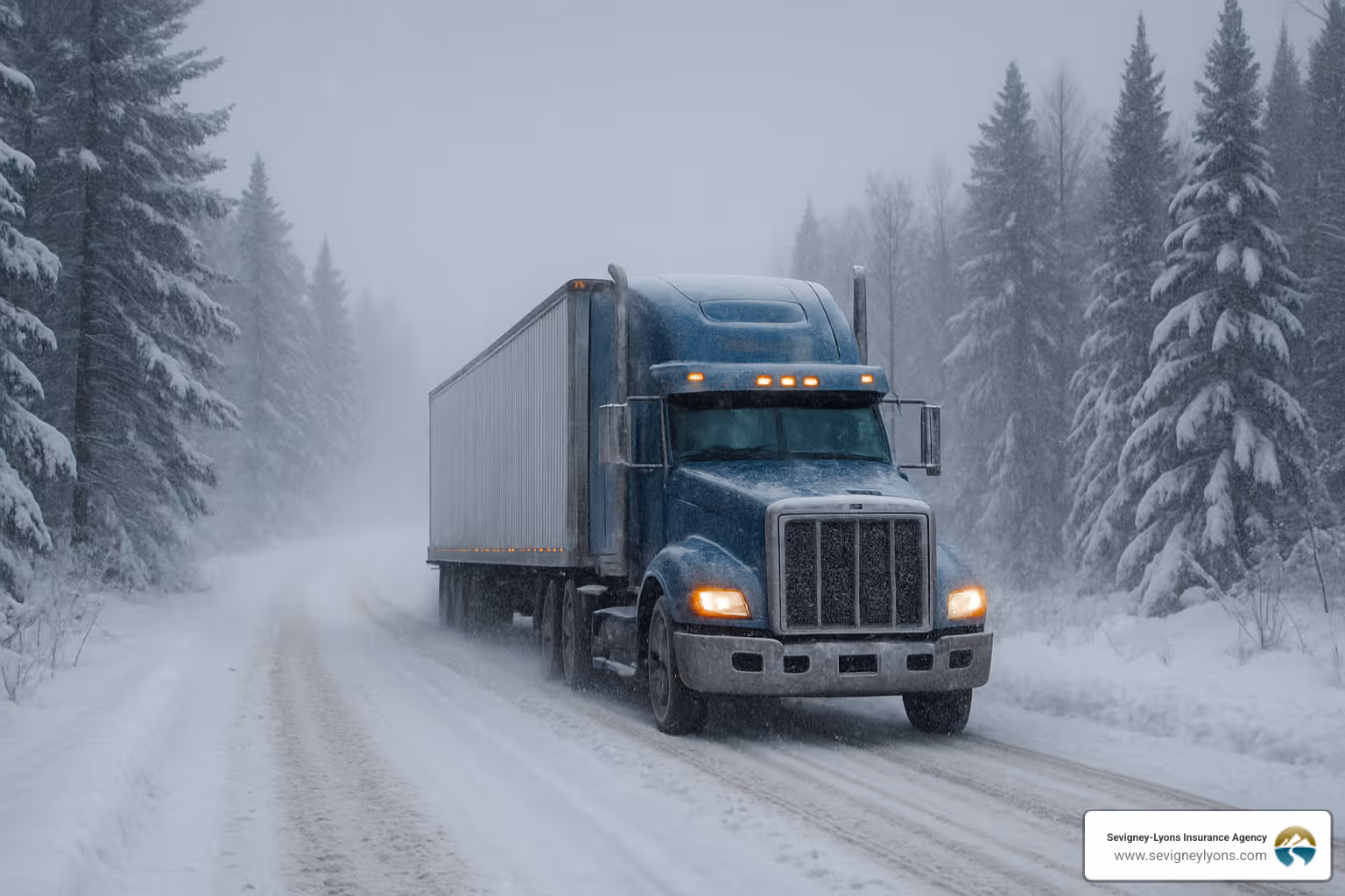 commercial truck driving through snowy maine conditions - maine commercial auto insurance commercial truck driving through snowy maine conditions - maine commercial auto insurance