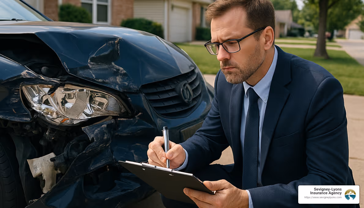 Car with collision damage being assessed by insurance adjuster - Maine car insurance laws Car with collision damage being assessed by insurance adjuster - Maine car insurance laws