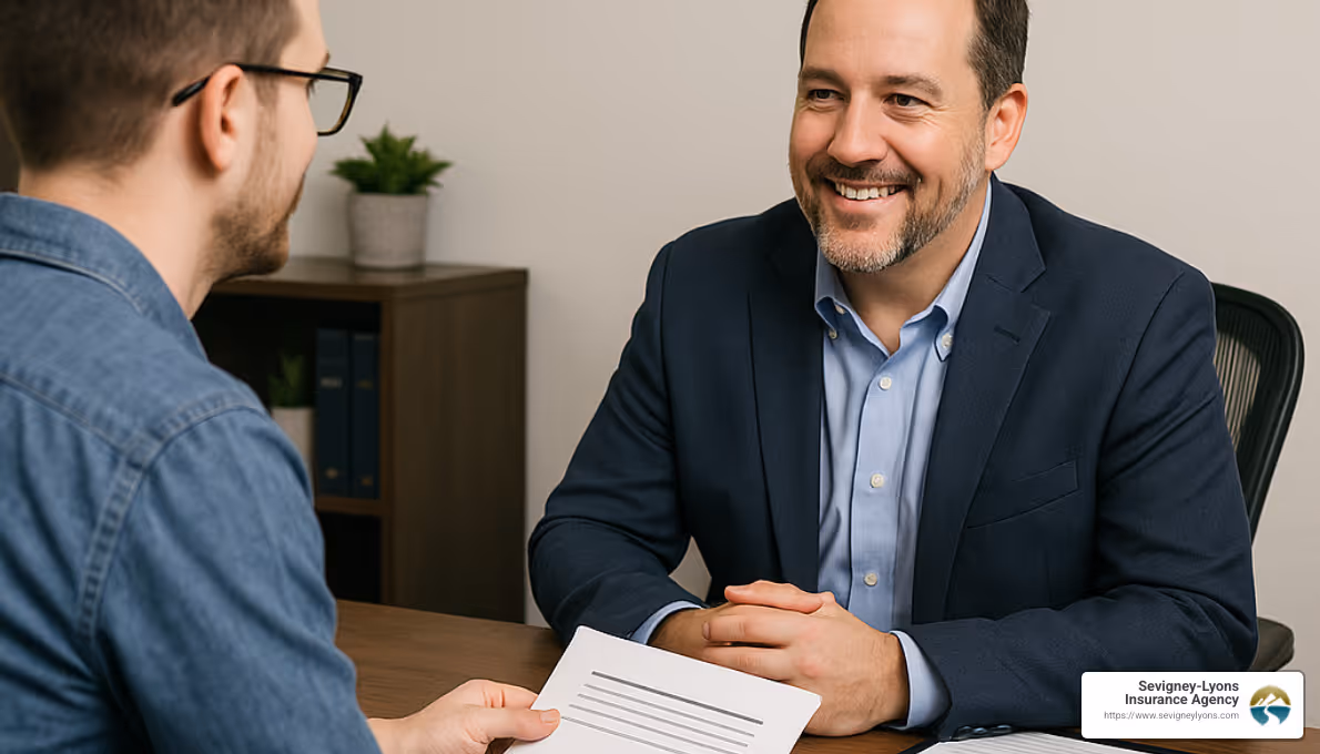 Driver discussing insurance options with agent at Sevigney-Lyons office - Maine car insurance laws Driver discussing insurance options with agent at Sevigney-Lyons office - Maine car insurance laws