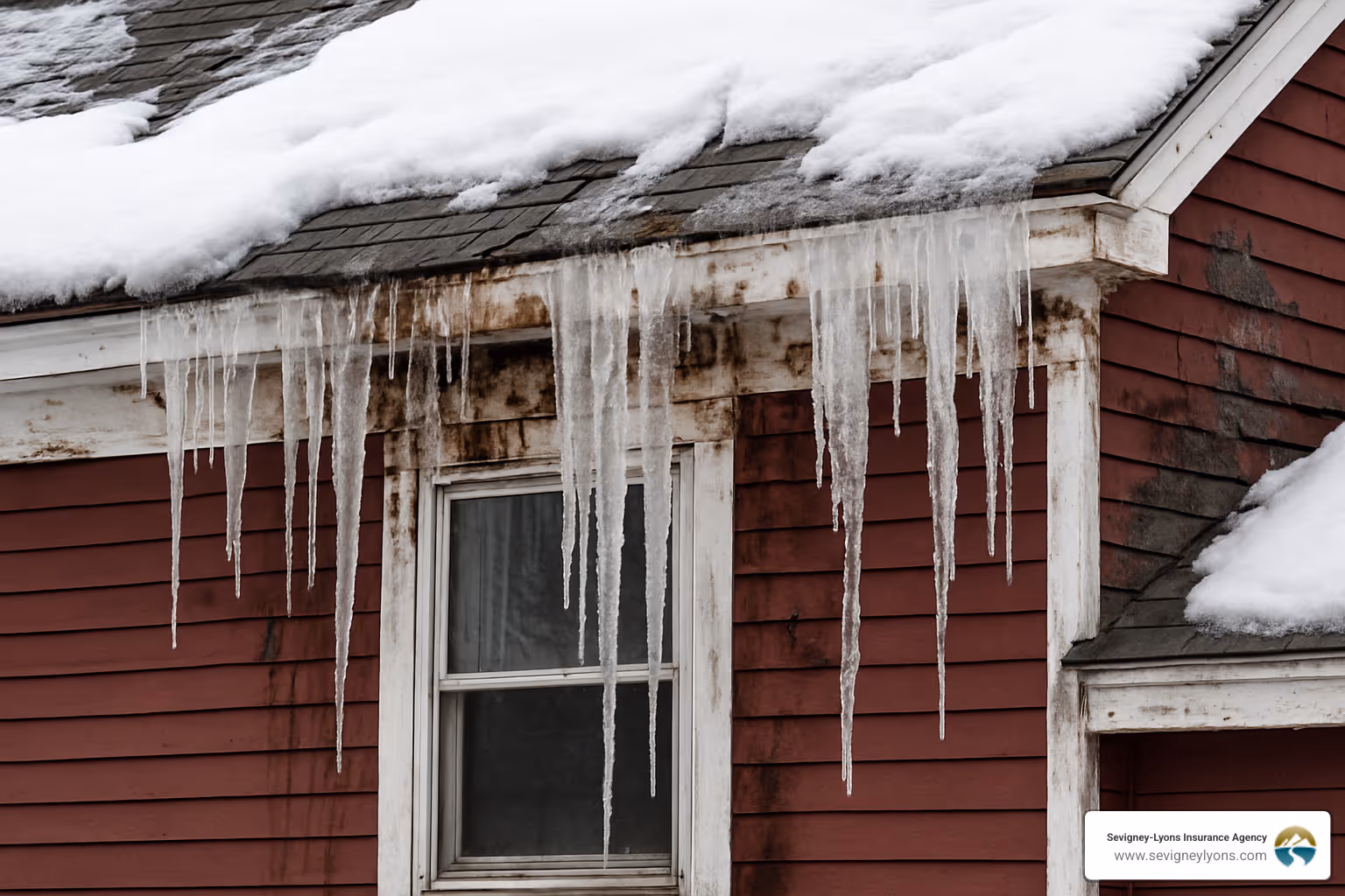 Ice dam damage on a Maine roof showing icicles and potential water damage, illustrating common winter homeowners insurance claims - Best homeowners insurance Maine