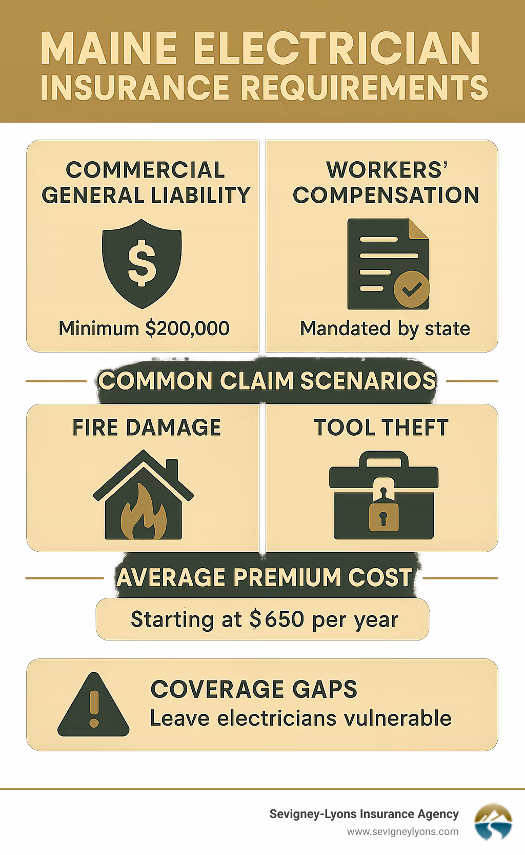 Comprehensive infographic showing Maine electrician insurance requirements including commercial liability minimums, workers compensation mandates, common claim scenarios like fire damage and tool theft, average premium costs starting at $650 annually, and coverage gaps that leave electricians vulnerable without proper protection - insurance for electricians infographic 
