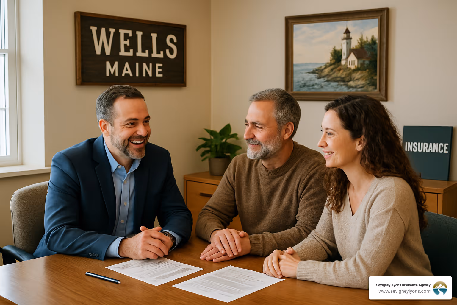 Local insurance agent meeting with clients in Wells Maine office - Insurance Wells Maine