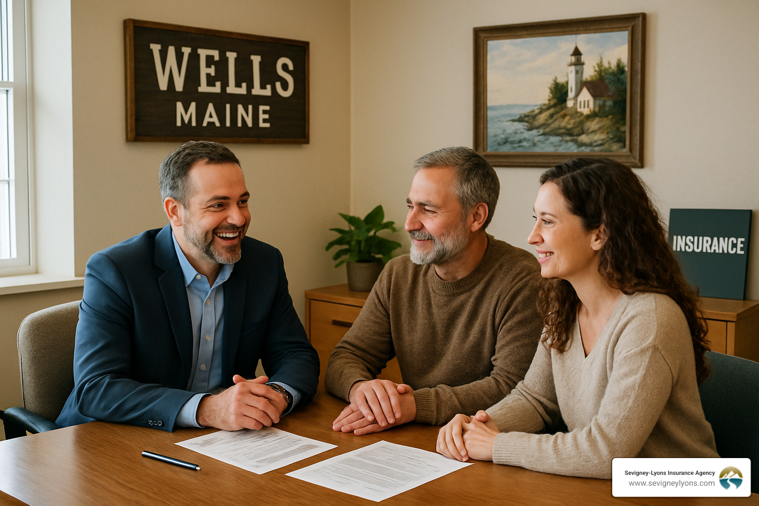 Local insurance agent meeting with clients in Wells Maine office - Insurance Wells Maine Local insurance agent meeting with clients in Wells Maine office - Insurance Wells Maine
