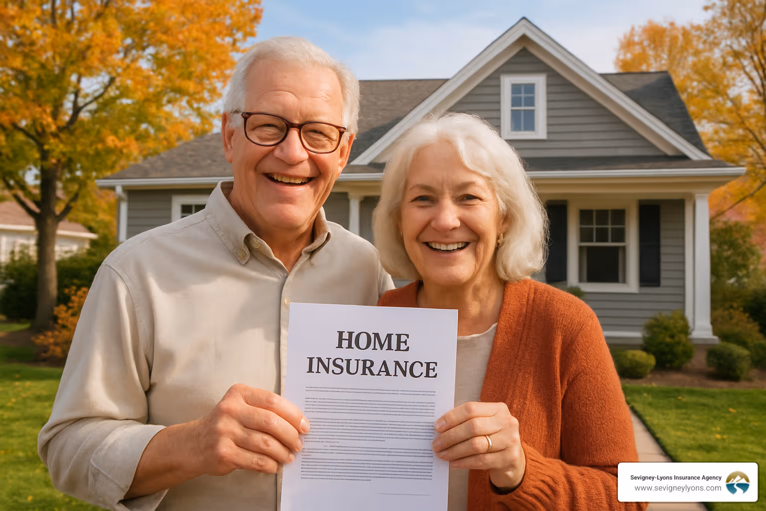 seniors in front of maine home holding paper with home insurance written on it 