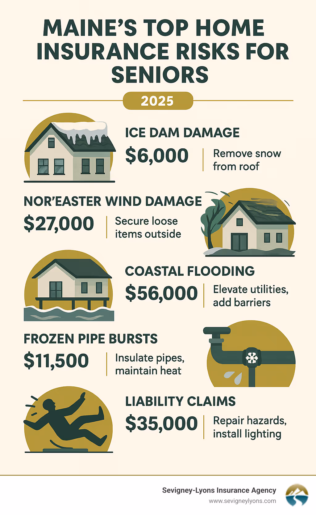 Infographic showing Maine's top home insurance risks for seniors including ice dam damage, nor'easter wind damage, coastal flooding, frozen pipe bursts, and liability claims with average claim costs and prevention tips - Home insurance for senior citizens infographic Infographic showing Maine's top home insurance risks for seniors including ice dam damage, nor'easter wind damage, coastal flooding, frozen pipe bursts, and liability claims with average claim costs and prevention tips - Home insurance for senior citizens infographic