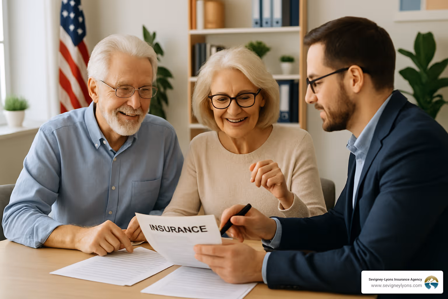senior couple reviewing insurance policy with agent - Home insurance for senior citizens senior couple reviewing insurance policy with agent - Home insurance for senior citizens