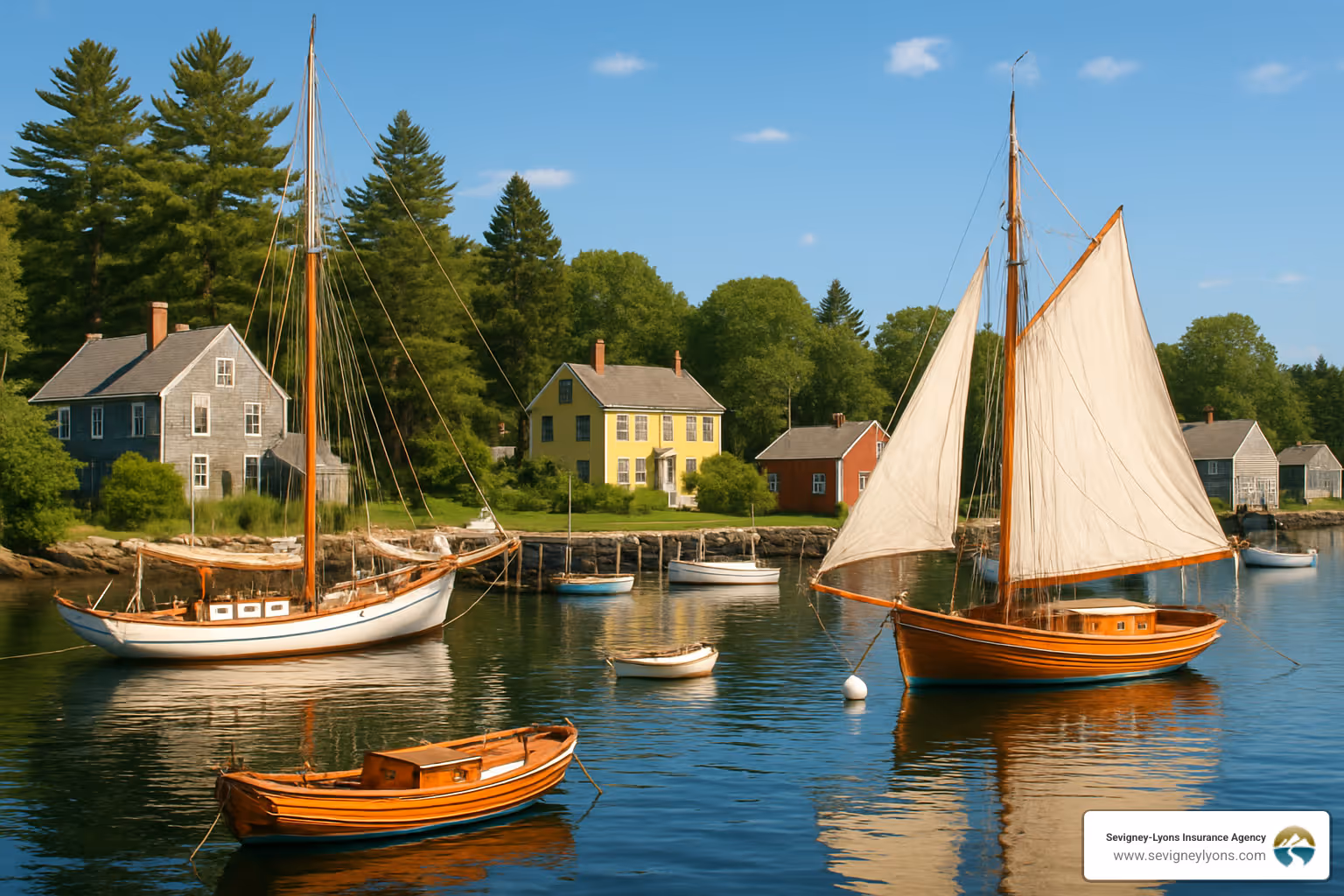 Maine harbor with classic boats - antique boat insurance