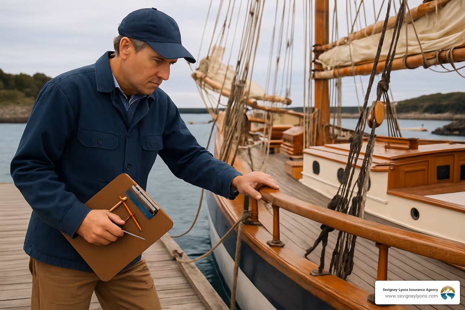 surveyor inspecting a Biddeford schooner - antique boat insurance