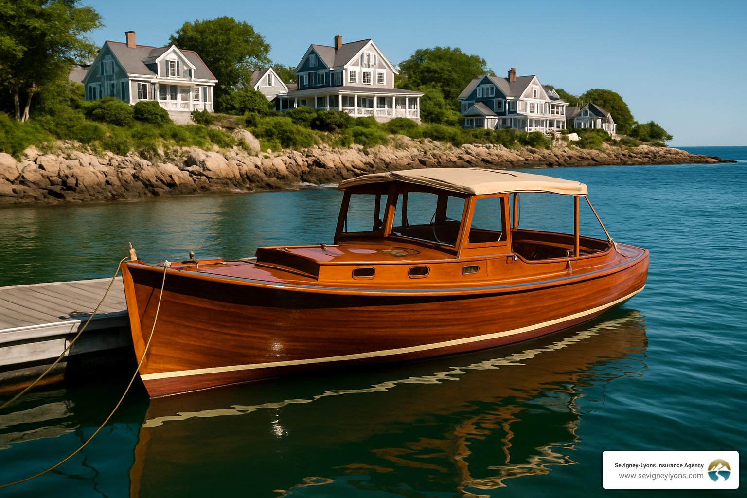 antique boat at Ogunquit dock - antique boat insurance