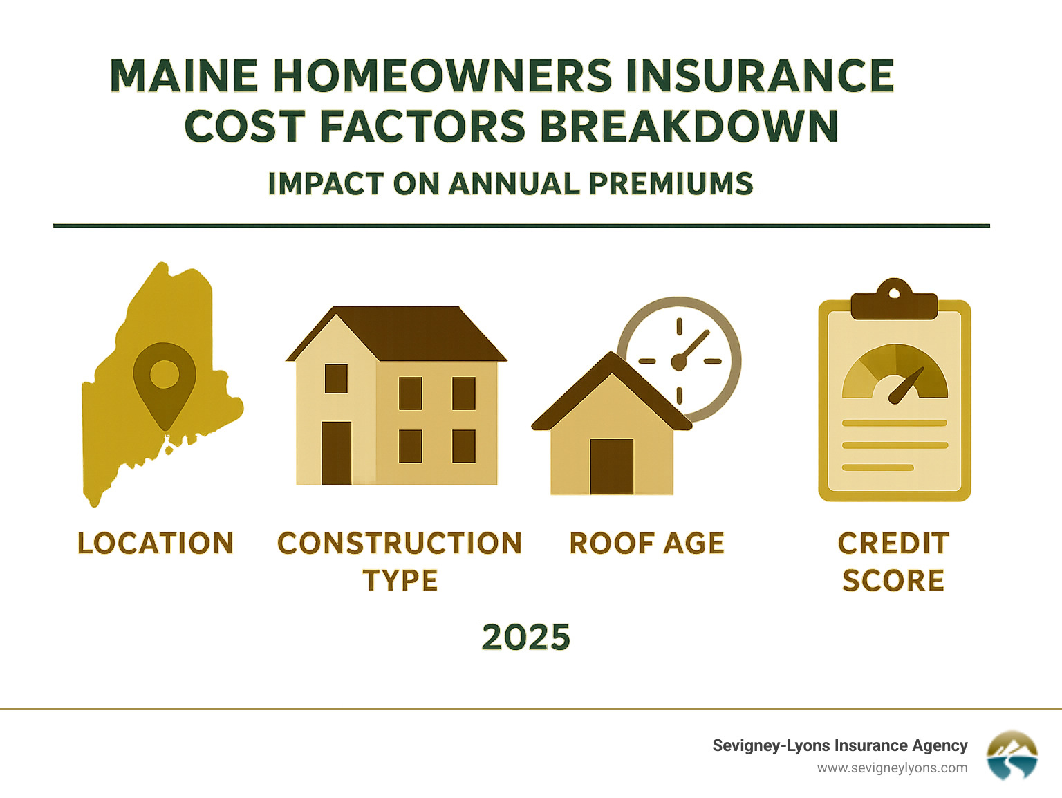 Maine homeowners insurance cost factors breakdown showing impact of location, construction type, roof age, and credit score on annual premiums - homeowners insurance wells maine infographic 