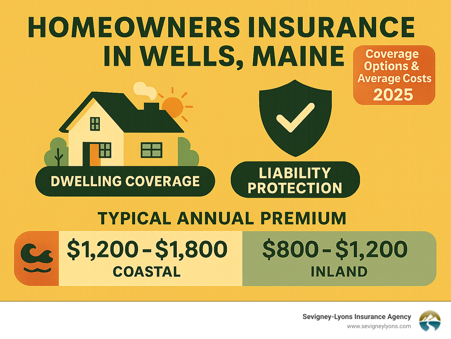 Wells Maine homeowners insurance coverage options and average costs breakdown showing dwelling coverage, liability protection, and typical premium ranges for coastal and inland properties - homeowners insurance wells maine infographic 