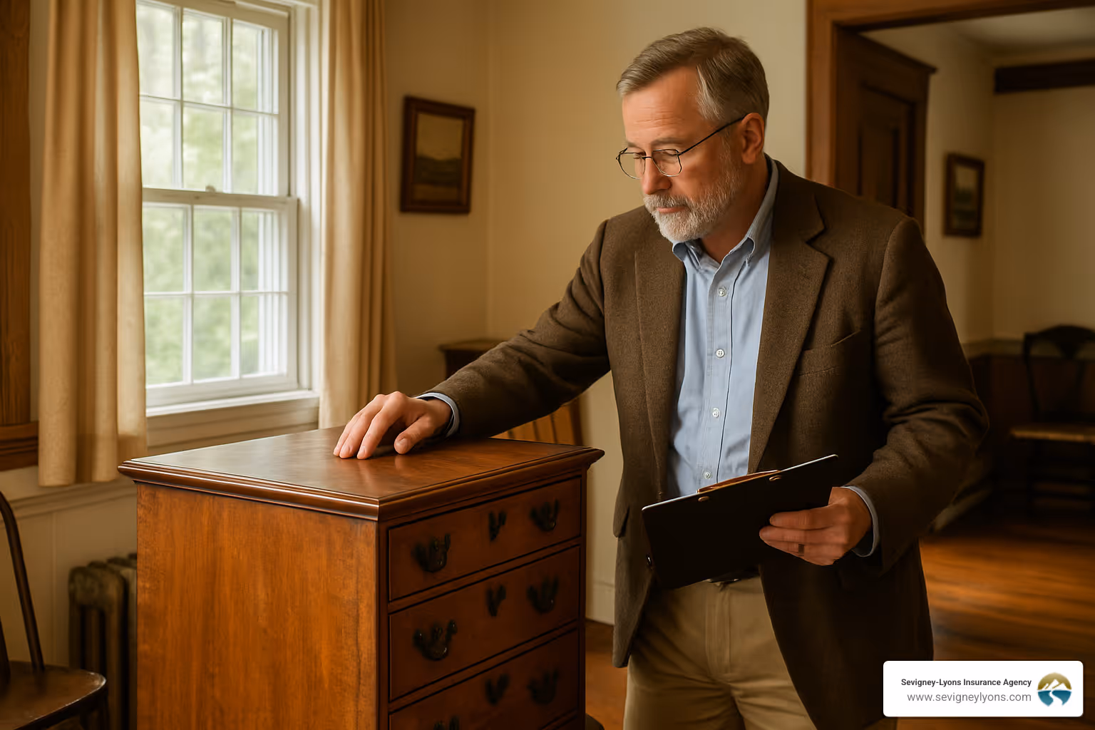 appraiser examining antique furniture in Maine home - Antiques Insurance appraiser examining antique furniture in Maine home - Antiques Insurance