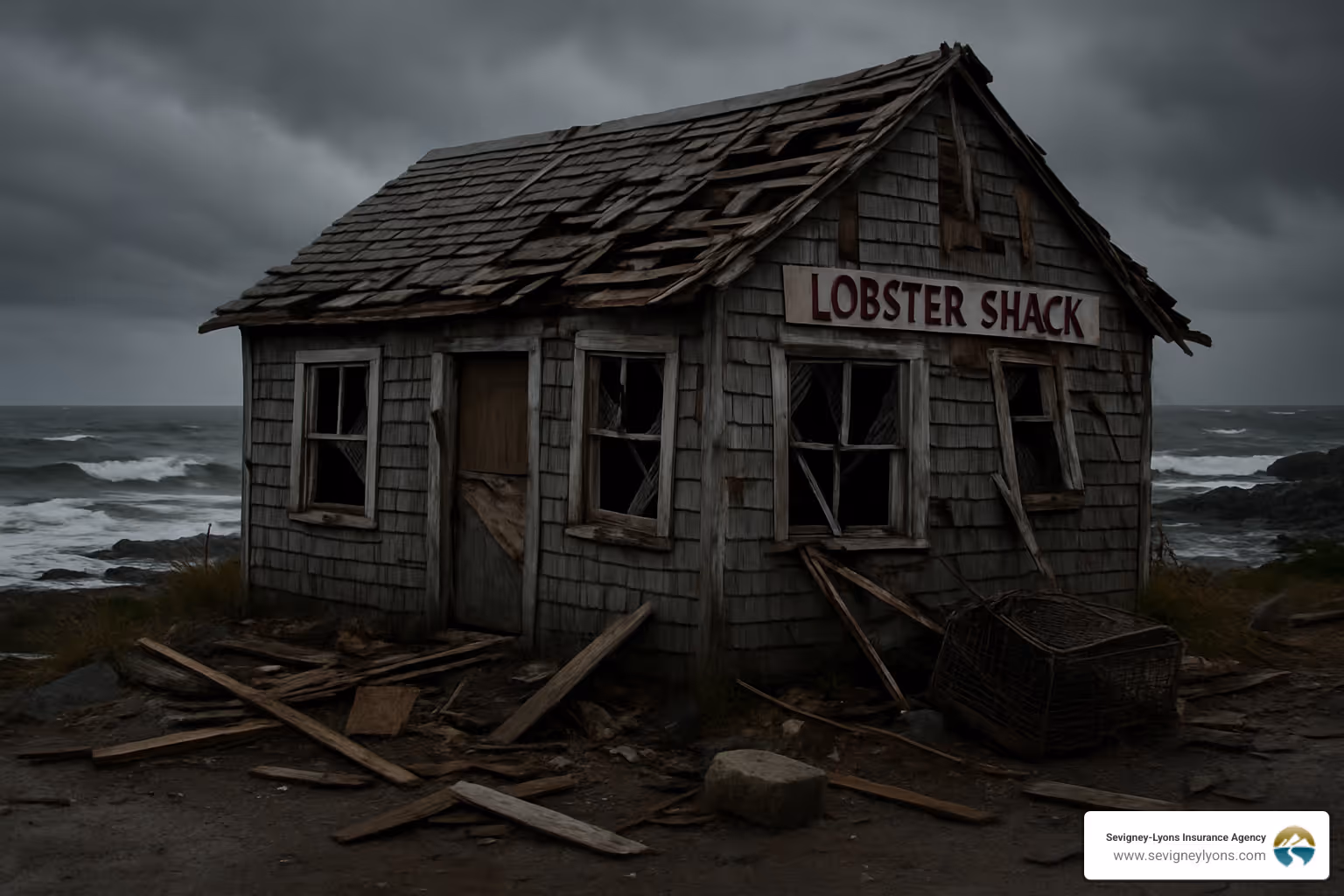 storm-damaged lobster shack Ogunquit - business property insurance Maine