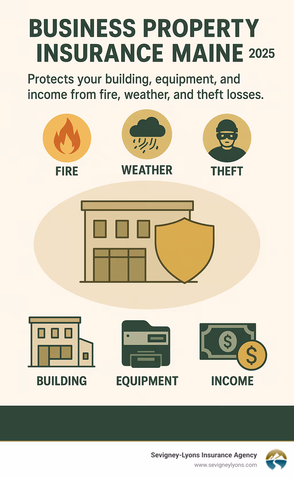 Infographic showing how business property insurance Maine protects your building, equipment, and income from fire, weather, and theft losses - business property insurance Maine infographic 
