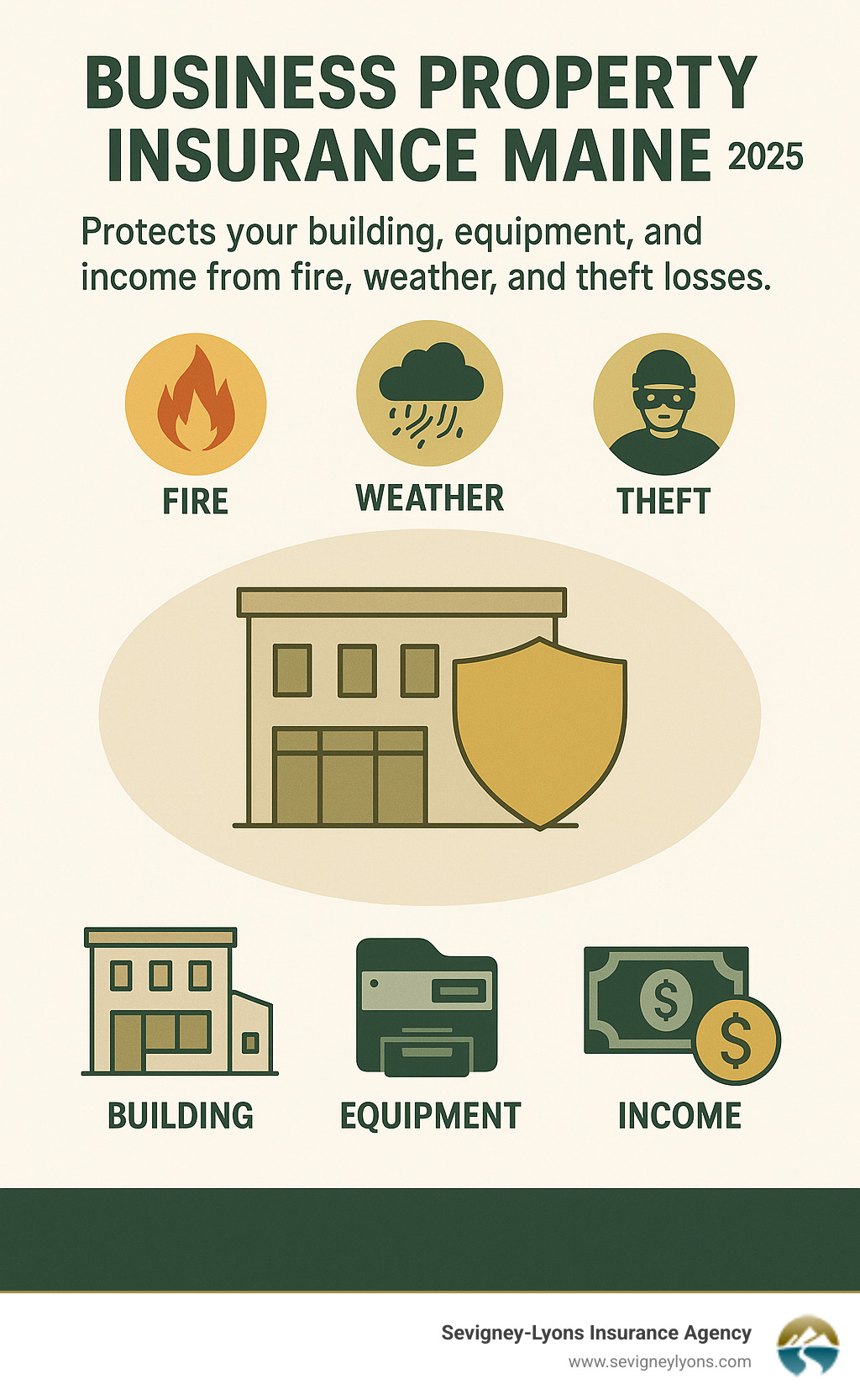 Infographic showing how business property insurance Maine protects your building, equipment, and income from fire, weather, and theft losses - business property insurance Maine infographic Infographic showing how business property insurance Maine protects your building, equipment, and income from fire, weather, and theft losses - business property insurance Maine infographic