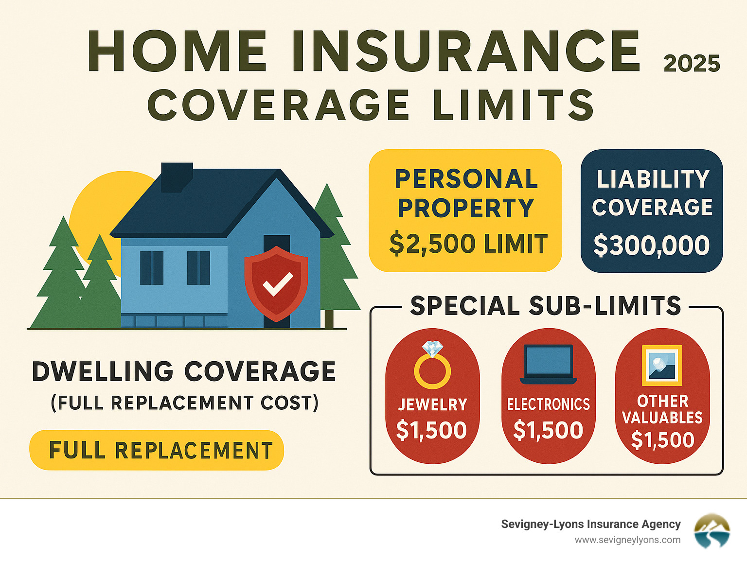 Detailed breakdown of home insurance coverage limits showing dwelling coverage, personal property limits, liability coverage, and special sub-limits for jewelry, electronics, and other valuable items with Maine-specific considerations - Home insurance coverage limits infographic Detailed breakdown of home insurance coverage limits showing dwelling coverage, personal property limits, liability coverage, and special sub-limits for jewelry, electronics, and other valuable items with Maine-specific considerations - Home insurance coverage limits infographic