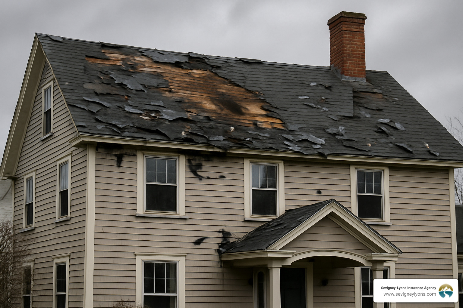 Storm-damaged roof on a home in Biddeford showing missing shingles and debris, illustrating the importance of adequate coverage limits - Home insurance coverage limits Storm-damaged roof on a home in Biddeford showing missing shingles and debris, illustrating the importance of adequate coverage limits - Home insurance coverage limits