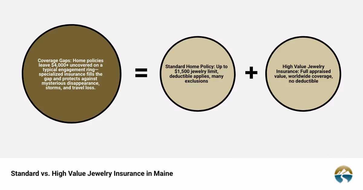 Comprehensive comparison of standard home insurance jewelry limits versus high value jewelry insurance coverage, showing coverage gaps, deductible differences, and protection levels for Maine homeowners - high value jewelry insurance infographic sum_of_parts